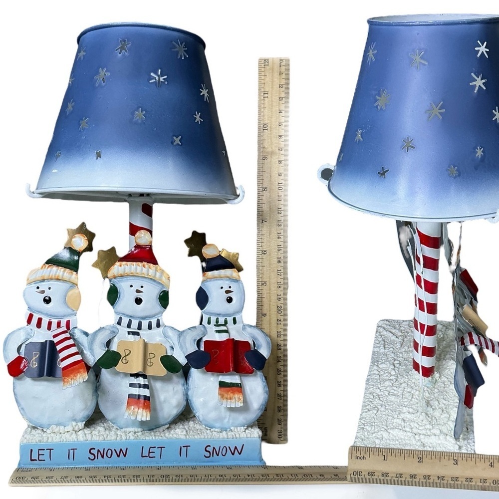Vintage Tea Light Lamp Snowmen Caroling Pierced Metal Blue Shade Large 12 Inch - Picture 4 of 16